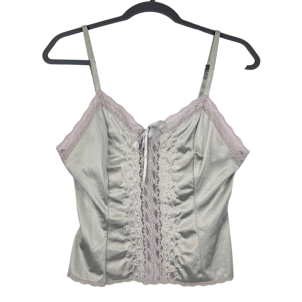Vintage 1980s Corset Cami Lace Tie Gray Size 34 Medium Silky Gray With Lace Trim